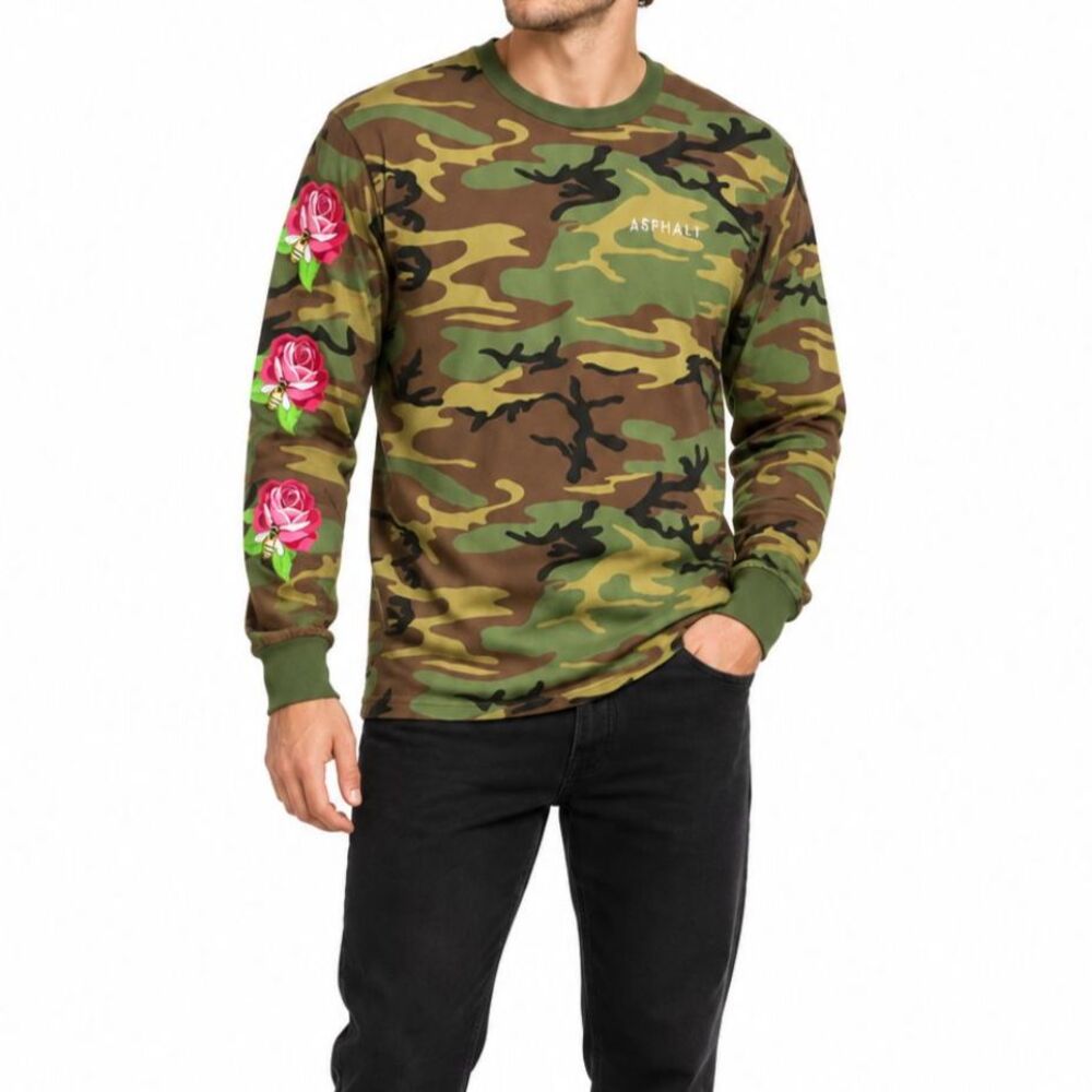 Asphalt Camo Long Sleeve Crewneck with Rose & Bee Embroidery | Size Medium